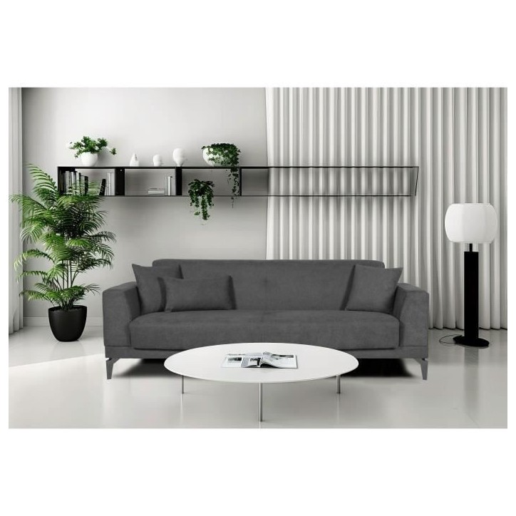 Canapé convertible 3 places - HENRY - Tissu gris clair - 3 coussins - coffre de rangement - 234 x 85 x 84 cm Canapé convertible 3 places - HENRY - Tissu gris clair - 3 coussins - coffre de rangement - 234 x 85 x 84 cm