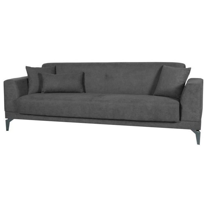 Canapé convertible 3 places - HENRY - Tissu gris clair - 3 coussins - coffre de rangement - 234 x 85 x 84 cm Canapé convertible 3 places - HENRY - Tissu gris clair - 3 coussins - coffre de rangement - 234 x 85 x 84 cm