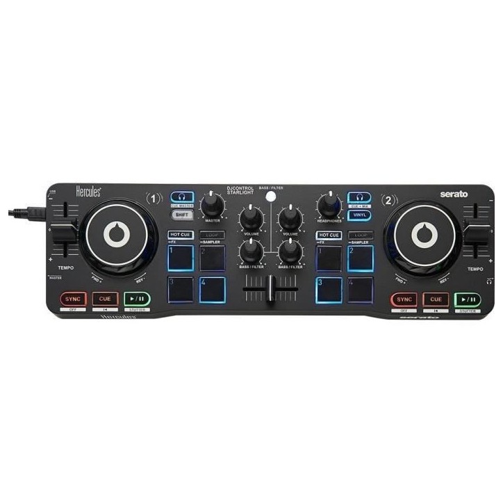 HERCULES DJ CONTROL STARLIGHT - Contrôleur DJ USB portatif - 2 pistes - 8 pads - Carte son intégrée - Serato DJ Lite inclus HERCULES DJ CONTROL STARLIGHT - Contrôleur DJ USB portatif - 2 pistes - 8 pads - Carte son intégrée - Serato DJ Lite inclus