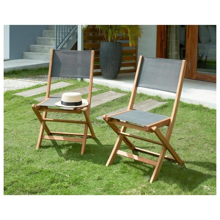 Lot de 4 chaises de jardin en bois d'acacia FSC et assise textilene - 50 x 57 x 90 cm - Gris Lot de 4 chaises de jardin en bois d'acacia FSC et assise textilene - 50 x 57 x 90 cm - Gris