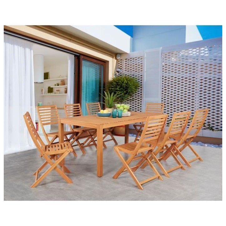 Salon de jardin en bois eucalyptus FSC 8 personnes - Table 180 x 90 cm + 8 chaises pliantes Salon de jardin en bois eucalyptus FSC 8 personnes - Table 180 x 90 cm + 8 chaises pliantes