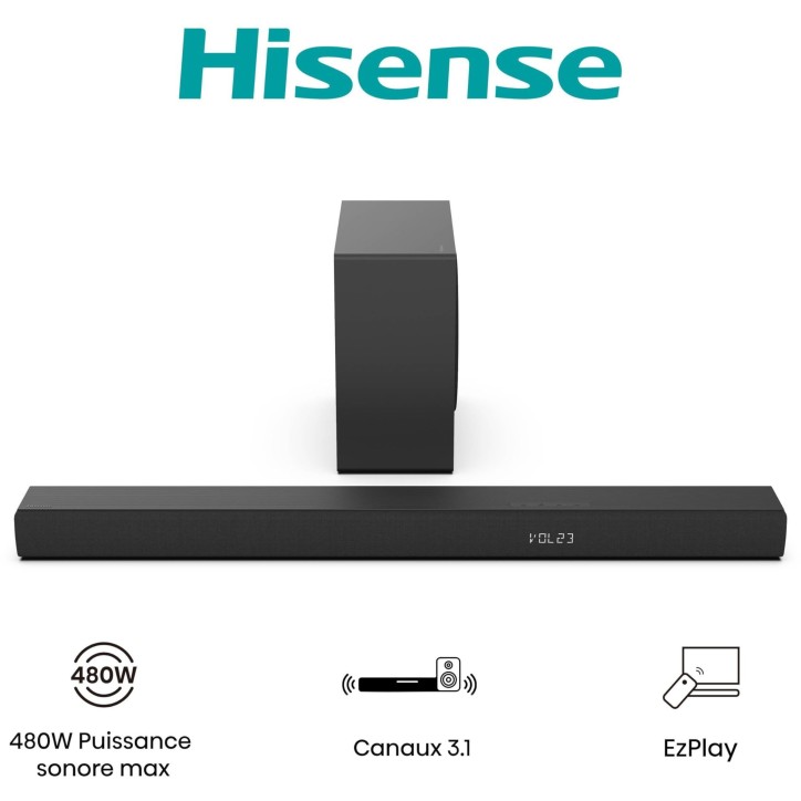 Barre de son - HISENSE - Caisson de basses sans fil - Bluetooth - 3.1 CH - Max 480 W Barre de son - HISENSE - Caisson de basses sans fil - Bluetooth - 3.1 CH - Max 480 W