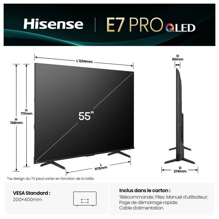 Hisense 55E7Q Pro - TV QLED 55 (139 cm) - 4K UHD 3840x2160 - 144 Hz - HDR10+ - TV connecté - 4xHDMI 2.1 - WiFi