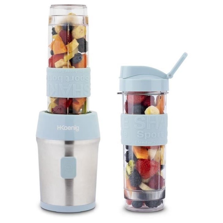 Mini blender - H.KoeNIG - SMOO16 - 300 W - 570 mL - Bleu pastel - 2 gourdes incluses - Sans BPA