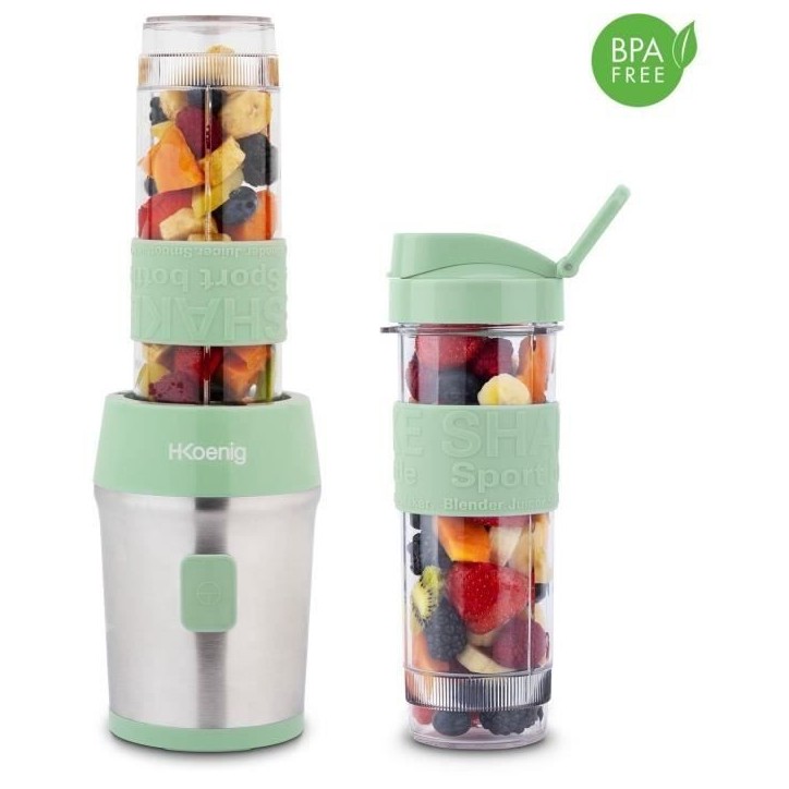 Mini blender - H.KoeNIG - SMOO18 - 300 W - 570 mL - Vert pastel - 2 gourdes incluses - Sans BPA