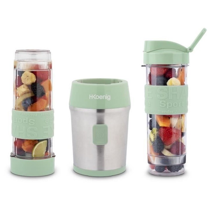 Mini blender - H.KoeNIG - SMOO18 - 300 W - 570 mL - Vert pastel - 2 gourdes incluses - Sans BPA