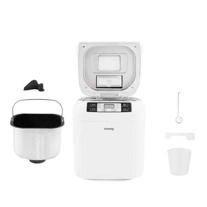Machine a pain HKoeNIG - BAKE340 - 12 programmes - 3 niveaux de cuisson - Jusqu'a 800g de pain - 550W - Blanc Machine a pain HKoeNIG - BAKE340 - 12 programmes - 3 niveaux de cuisson - Jusqu'a 800g de pain - 550W - Blanc