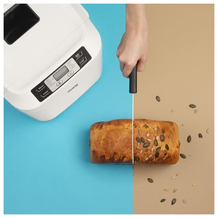 Machine a pain HKoeNIG - BAKE340 - 12 programmes - 3 niveaux de cuisson - Jusqu'a 800g de pain - 550W - Blanc Machine a pain HKoeNIG - BAKE340 - 12 programmes - 3 niveaux de cuisson - Jusqu'a 800g de pain - 550W - Blanc