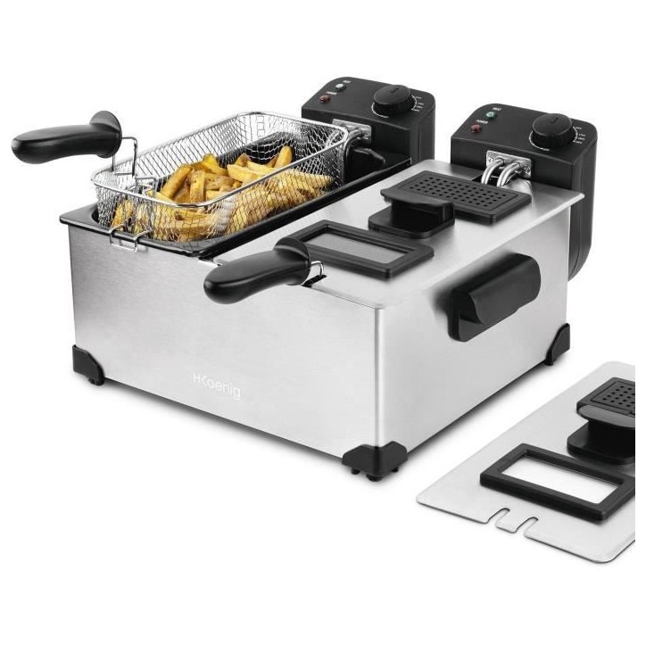 Friteuse HKoeNIG - DFX600 - Double Cuve 2x3L - Thermostats indépendants - Paniers amovibles - Acier inoxydable - 3600W Friteuse HKoeNIG - DFX600 - Double Cuve 2x3L - Thermostats indépendants - Paniers amovibles - Acier inoxydable - 3600W