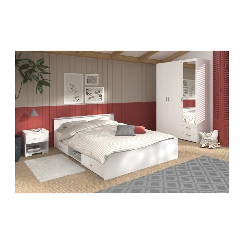 Chambre complete adulte: Lit 160 x 200 cm + armoire 3 portes et 2 tiro