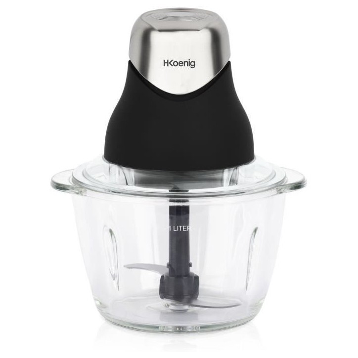 Mini hachoir électrique - H.Koenig - LEO8 - 320 W - Bol en verre 1 L - Lames en acier inoxydable - Noir mat et chrome Mini hachoir électrique - H.Koenig - LEO8 - 320 W - Bol en verre 1 L - Lames en acier inoxydable - Noir mat et chrome