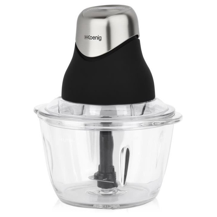 Mini hachoir électrique - H.Koenig - LEO8 - 320 W - Bol en verre 1 L - Lames en acier inoxydable - Noir mat et chrome Mini hachoir électrique - H.Koenig - LEO8 - 320 W - Bol en verre 1 L - Lames en acier inoxydable - Noir mat et chrome