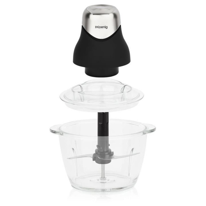 Mini hachoir électrique - H.Koenig - LEO8 - 320 W - Bol en verre 1 L - Lames en acier inoxydable - Noir mat et chrome Mini hachoir électrique - H.Koenig - LEO8 - 320 W - Bol en verre 1 L - Lames en acier inoxydable - Noir mat et chrome