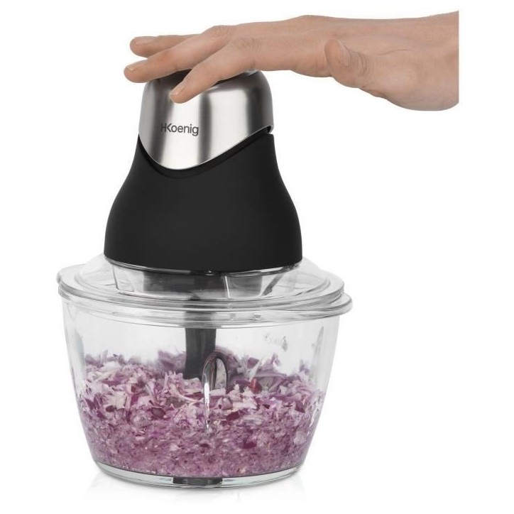 Mini hachoir électrique - H.Koenig - LEO8 - 320 W - Bol en verre 1 L - Lames en acier inoxydable - Noir mat et chrome Mini hachoir électrique - H.Koenig - LEO8 - 320 W - Bol en verre 1 L - Lames en acier inoxydable - Noir mat et chrome