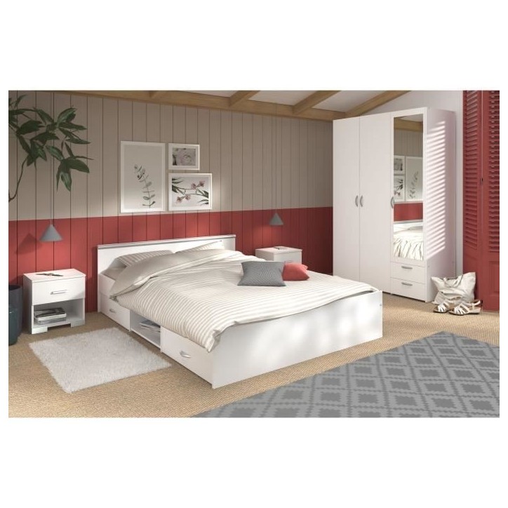 Chambre complete adulte ZODIAC : Lit 140x190 avec tiroir + Armoire 3 portes et 2 tiroirs + 2 chevets - Décor Blanc - PARISOT Chambre complete adulte ZODIAC : Lit 140x190 avec tiroir + Armoire 3 portes et 2 tiroirs + 2 chevets - Décor Blanc - PARISOT