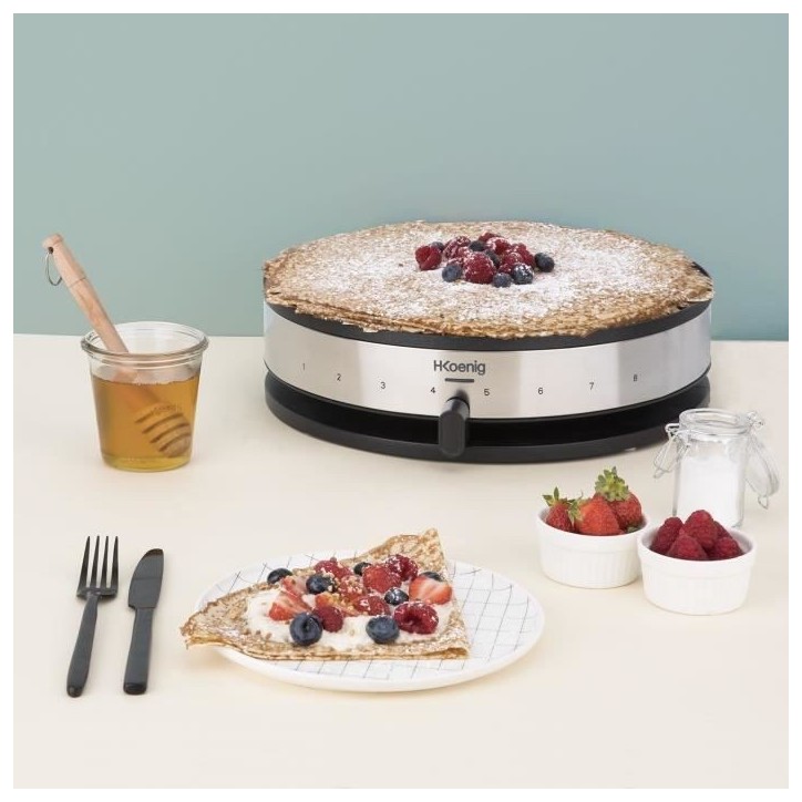 Crepiere HKoeNIG - KREP29 - Surface de cuisson 33cm - Revetement anti-adhésif - Température jusqu'a 230°C - 1300W - Bandeau I