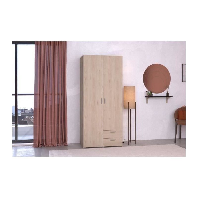 Armoire VARIA - Décor chene et blanc - 2 portes - 2 tiroirs - 80,7 x Armoire VARIA - Décor chene et blanc - 2 portes - 2 tiroirs - 80,7 x