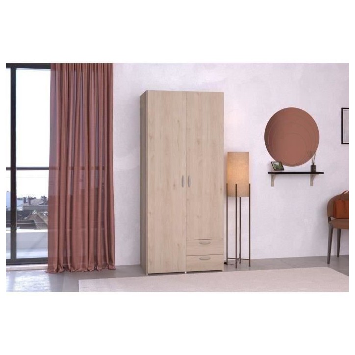 Armoire VARIA - Décor chene et blanc - 2 portes - 2 tiroirs - 80,7 x 185 x 51,3 Armoire VARIA - Décor chene et blanc - 2 portes - 2 tiroirs - 80,7 x 185 x 51,3