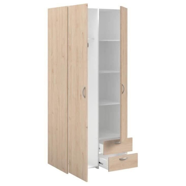 Armoire VARIA - Décor chene et blanc - 2 portes - 2 tiroirs - 80,7 x 185 x 51,3 Armoire VARIA - Décor chene et blanc - 2 portes - 2 tiroirs - 80,7 x 185 x 51,3