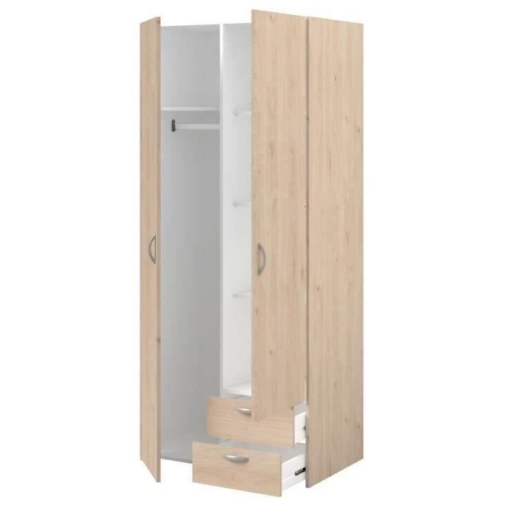 Armoire VARIA - Décor chene et blanc - 2 portes - 2 tiroirs - 80,7 x 185 x 51,3 Armoire VARIA - Décor chene et blanc - 2 portes - 2 tiroirs - 80,7 x 185 x 51,3