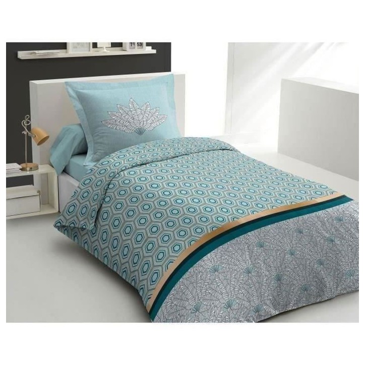 Parure de couette 140x200 cm HOME LINGE PASSION LOUXOR : Housse de couette + 1 taie d'oreiller - 100% Coton 57 Fils - Vert émer Parure de couette 140x200 cm HOME LINGE PASSION LOUXOR : Housse de couette + 1 taie d'oreiller - 100% Coton 57 Fils - Vert émer