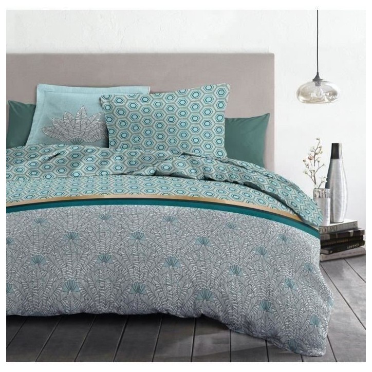 Parure de couette 140x200 cm HOME LINGE PASSION LOUXOR : Housse de couette + 1 taie d'oreiller - 100% Coton 57 Fils - Vert émer Parure de couette 140x200 cm HOME LINGE PASSION LOUXOR : Housse de couette + 1 taie d'oreiller - 100% Coton 57 Fils - Vert émer