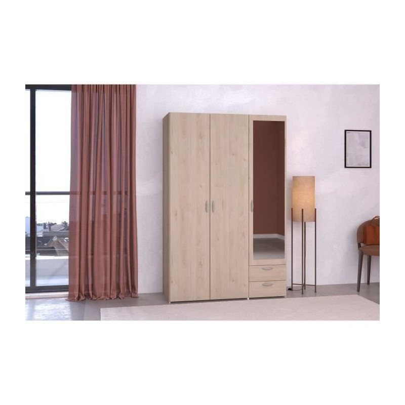 Armoire VARIA - Décor chene - 3 portes - 2 tiroirs - Porte droite ave Armoire VARIA - Décor chene - 3 portes - 2 tiroirs - Porte droite ave