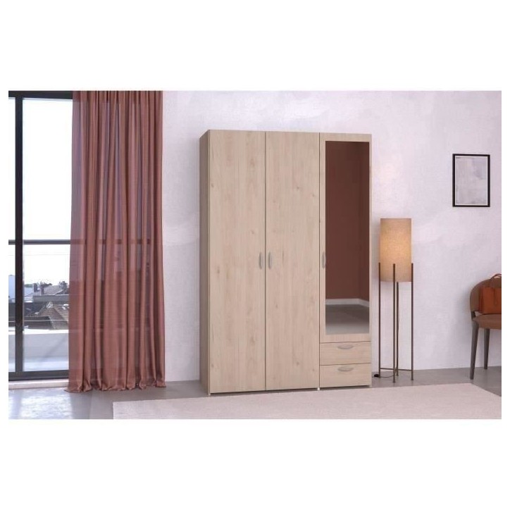 Armoire VARIA - Décor chene - 3 portes - 2 tiroirs - Porte droite avec miroir - 120,3 x 185 x 51,7