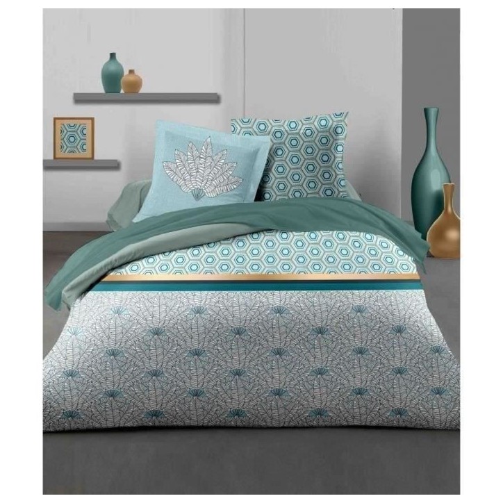 Parure de couette 140x200 cm HOME LINGE PASSION LOUXOR : Housse de couette + 1 taie d'oreiller - 100% Coton 57 Fils - Vert émer Parure de couette 140x200 cm HOME LINGE PASSION LOUXOR : Housse de couette + 1 taie d'oreiller - 100% Coton 57 Fils - Vert émer