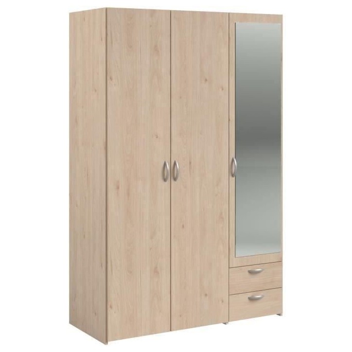 Armoire VARIA - Décor chene - 3 portes - 2 tiroirs - Porte droite avec miroir - 120,3 x 185 x 51,7