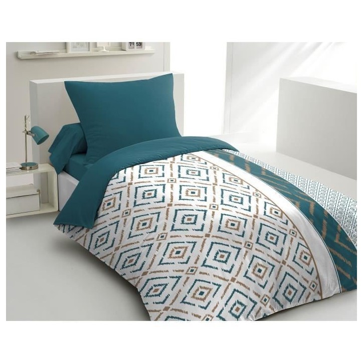 Parure de couette microfibre Ethno - 1 housse de couette 140x200 cm + 1 taie d'oreiller 63x63 cm - Bleu canard - HOME LINGE PASS Parure de couette microfibre Ethno - 1 housse de couette 140x200 cm + 1 taie d'oreiller 63x63 cm - Bleu canard - HOME LINGE PASS
