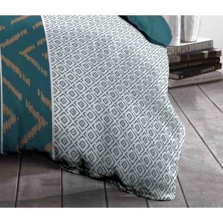 Parure de couette microfibre Ethno - 1 housse de couette 140x200 cm + 1 taie d'oreiller 63x63 cm - Bleu canard - HOME LINGE PASS