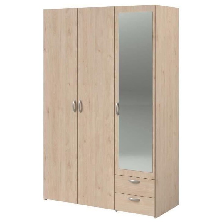 Armoire VARIA - Décor chene - 3 portes - 2 tiroirs - Porte droite avec miroir - 120,3 x 185 x 51,7