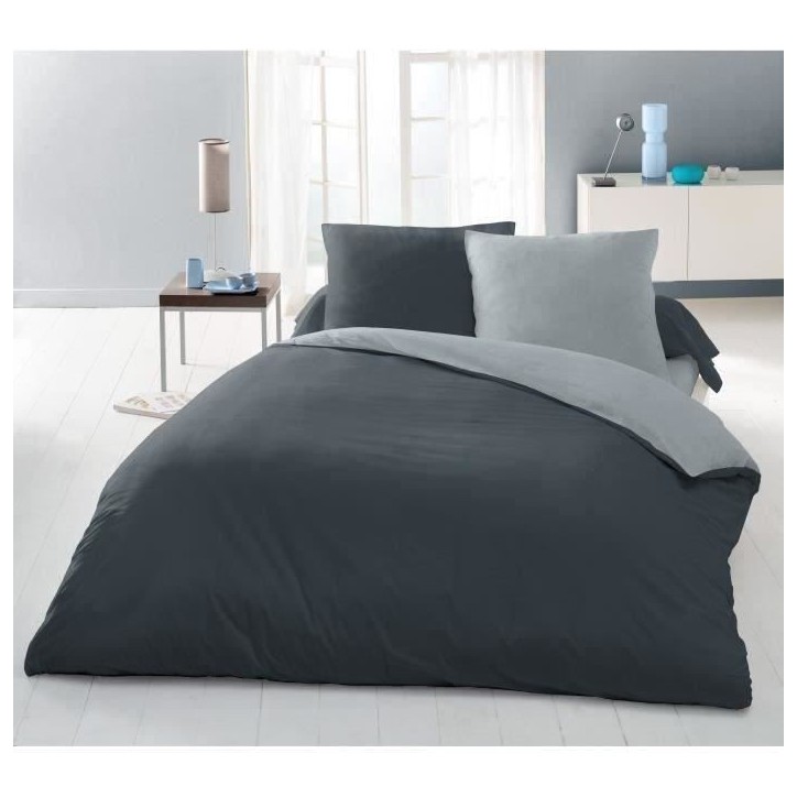 Parure housse de couette 2 personnes - 220x240 cm - 100% Coton - Bicolore Gris clair et foncé Parure housse de couette 2 personnes - 220x240 cm - 100% Coton - Bicolore Gris clair et foncé