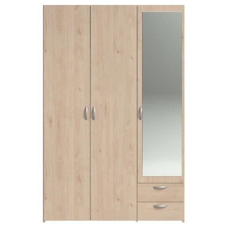 Armoire VARIA - Décor chene - 3 portes - 2 tiroirs - Porte droite avec miroir - 120,3 x 185 x 51,7