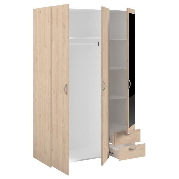 Armoire VARIA - Décor chene - 3 portes - 2 tiroirs - Porte droite avec miroir - 120,3 x 185 x 51,7