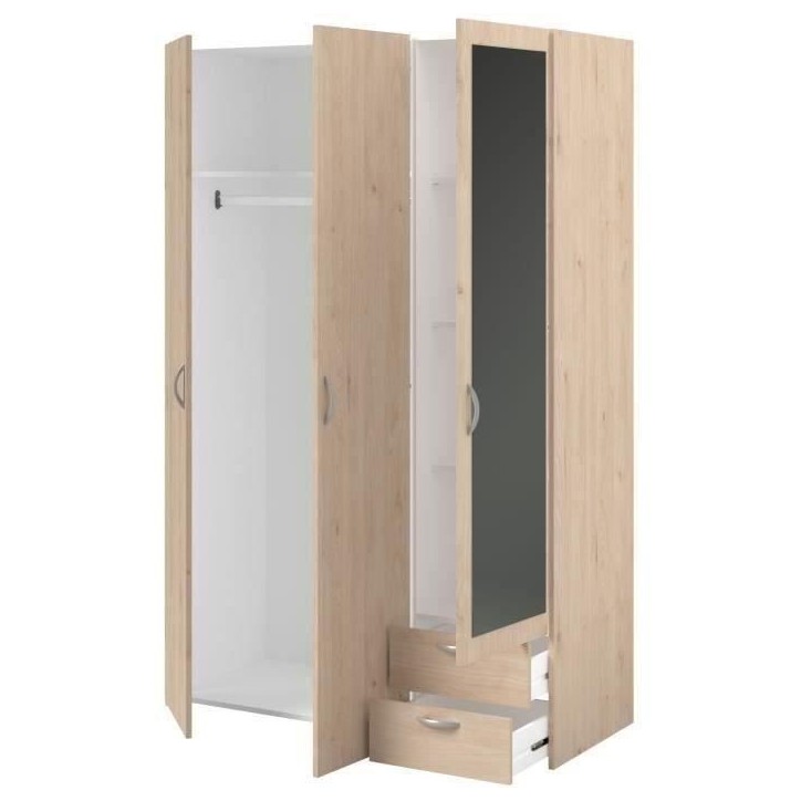 Armoire VARIA - Décor chene - 3 portes - 2 tiroirs - Porte droite avec miroir - 120,3 x 185 x 51,7