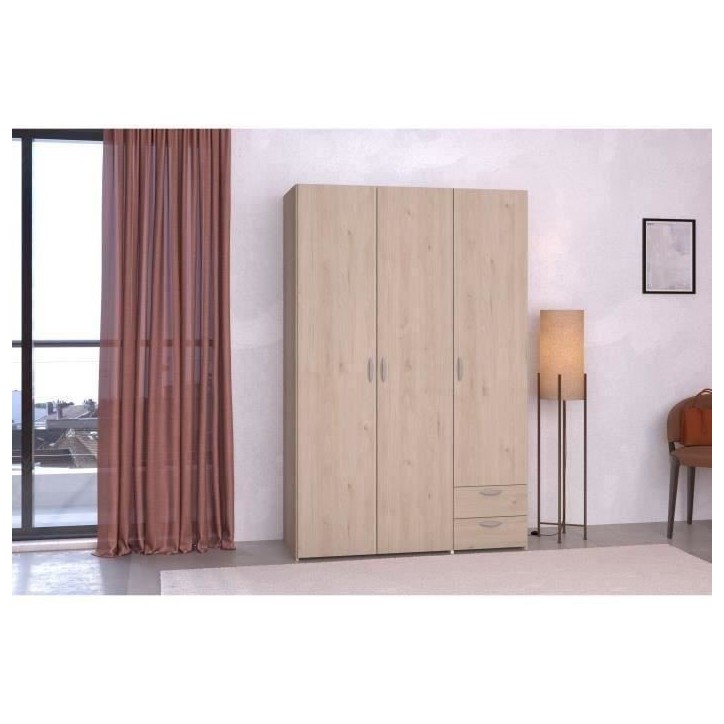 Armoire VARIA - Décor chene - 3 portes - 2 tiroirs - 120,3 x 185 x 51,3 Armoire VARIA - Décor chene - 3 portes - 2 tiroirs - 120,3 x 185 x 51,3