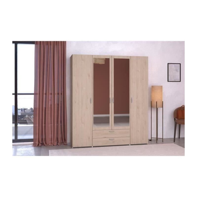 Armoire VARIA - Décor chene - 4 portes - 2 tiroirs - Portes centrales Armoire VARIA - Décor chene - 4 portes - 2 tiroirs - Portes centrales
