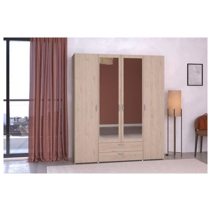 Armoire VARIA - Décor chene - 4 portes - 2 tiroirs - Portes centrales avec miroirs - 159,9 x 185 x 51,7