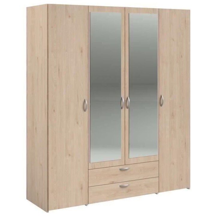 Armoire VARIA - Décor chene - 4 portes - 2 tiroirs - Portes centrales avec miroirs - 159,9 x 185 x 51,7