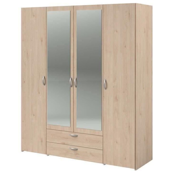 Armoire VARIA - Décor chene - 4 portes - 2 tiroirs - Portes centrales avec miroirs - 159,9 x 185 x 51,7