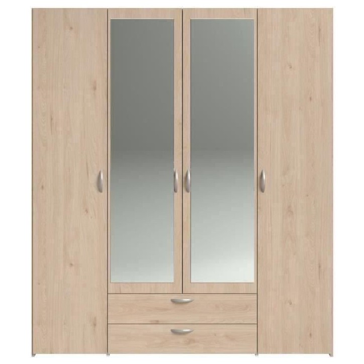 Armoire VARIA - Décor chene - 4 portes - 2 tiroirs - Portes centrales avec miroirs - 159,9 x 185 x 51,7