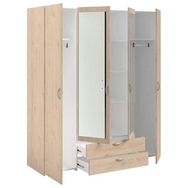 Armoire VARIA - Décor chene - 4 portes - 2 tiroirs - Portes centrales avec miroirs - 159,9 x 185 x 51,7