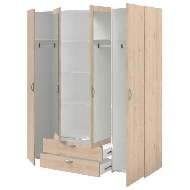 Armoire VARIA - Décor chene - 4 portes - 2 tiroirs - Portes centrales avec miroirs - 159,9 x 185 x 51,7