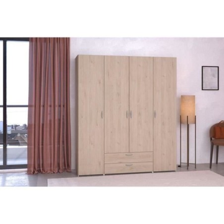 Armoire chambre VARIA - Décor chene - 4 portes battantes + 2 tiroirs - L 159,9 cm x P 51,3 cm x H 185 cm