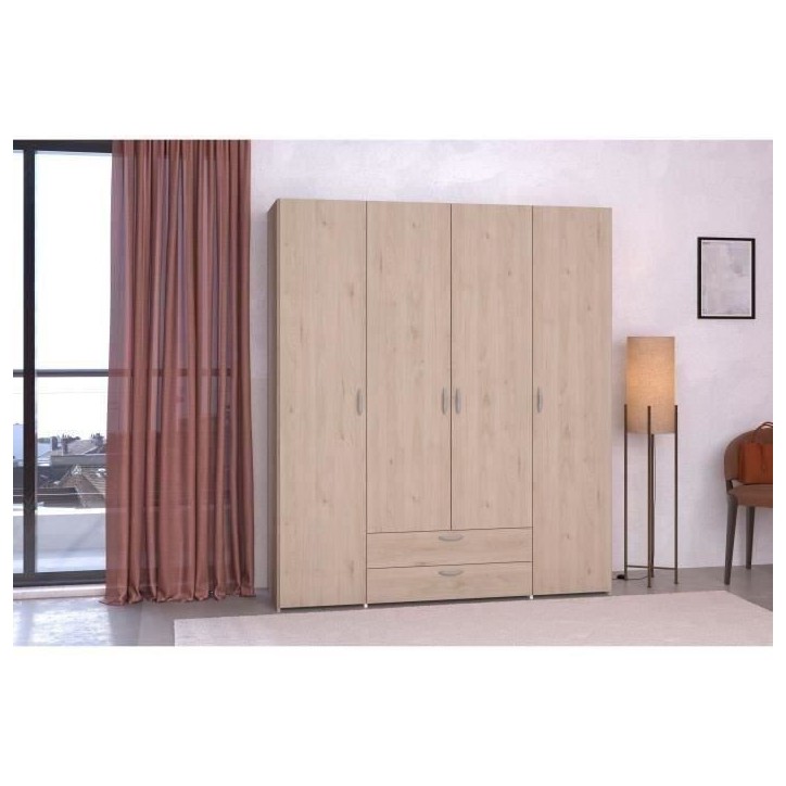 Armoire chambre VARIA - Décor chene - 4 portes battantes + 2 tiroirs - L 159,9 cm x P 51,3 cm x H 185 cm