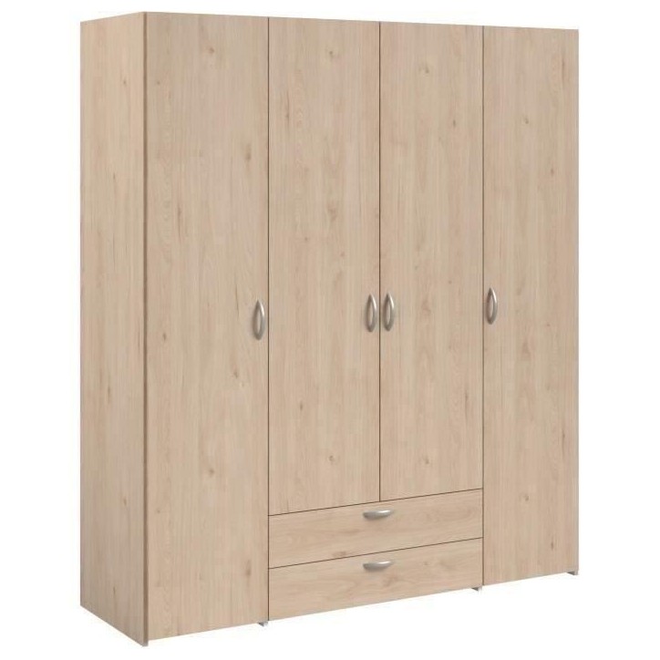 Armoire chambre VARIA - Décor chene - 4 portes battantes + 2 tiroirs - L 159,9 cm x P 51,3 cm x H 185 cm