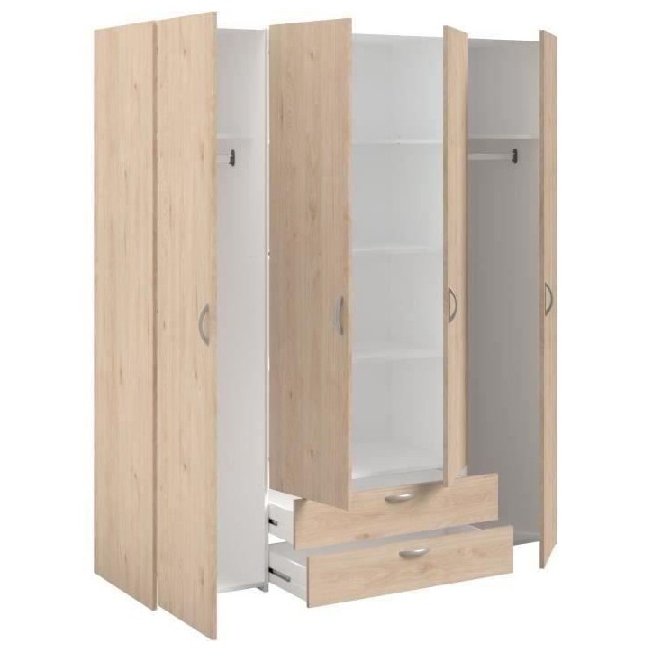Armoire chambre VARIA - Décor chene - 4 portes battantes + 2 tiroirs - L 159,9 cm x P 51,3 cm x H 185 cm