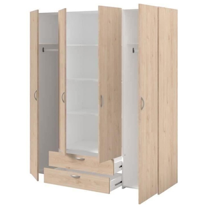 Armoire chambre VARIA - Décor chene - 4 portes battantes + 2 tiroirs - L 159,9 cm x P 51,3 cm x H 185 cm